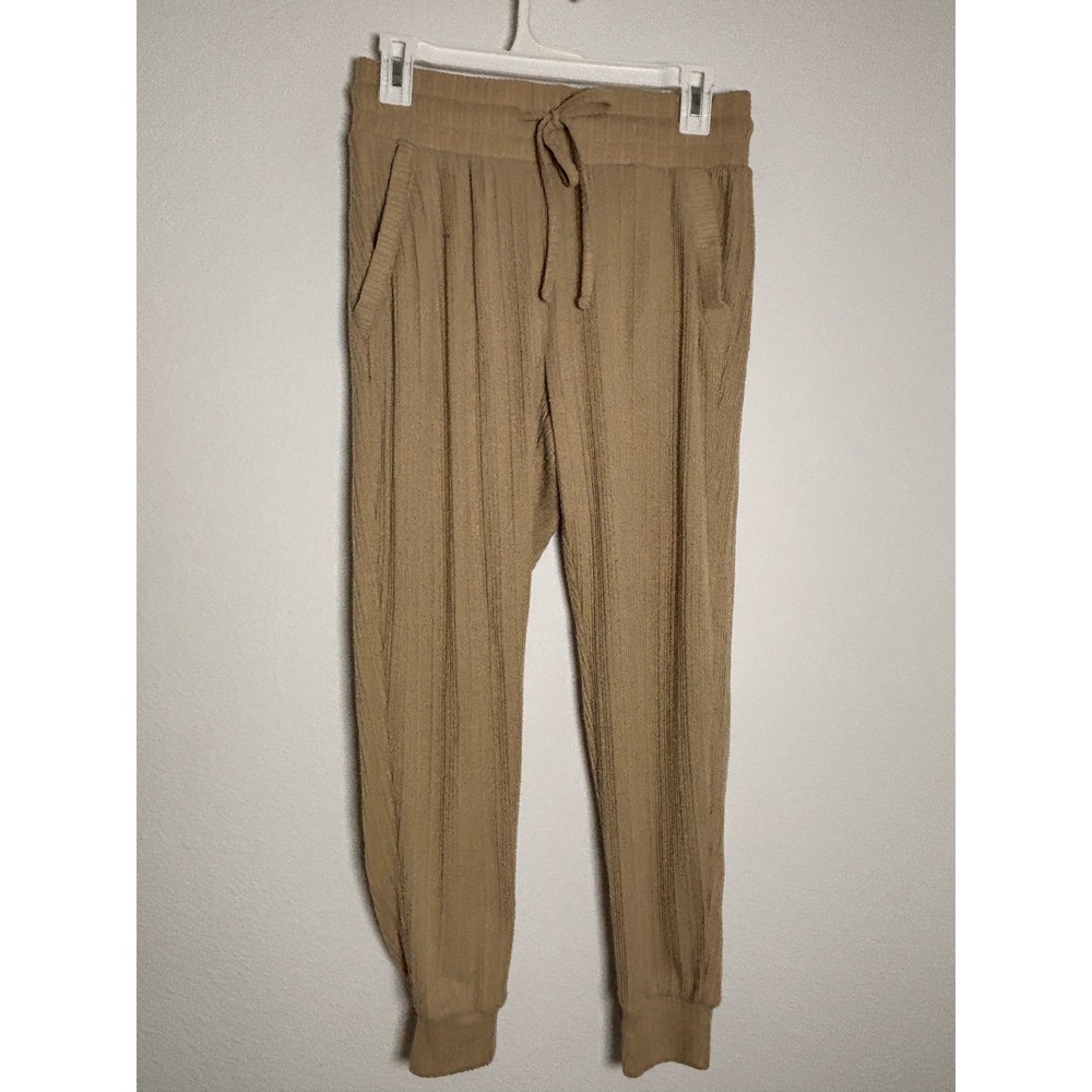Zoe + Phoebe Tan Ribbed Knit Jogger Pants Womens Medium Drawstring Lounge Khaki